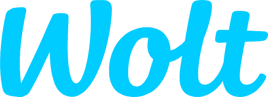 Wolt logo in bright blue cursive font